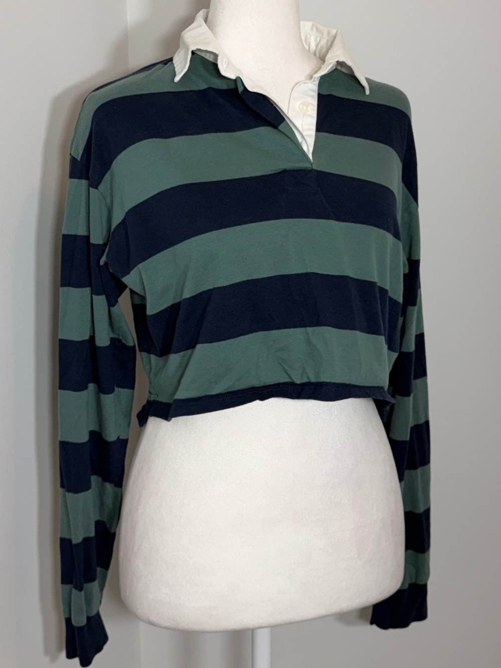 EUC Hollister 100% Cotton Green & Blue Cropped Rugby Shirt Size XXS